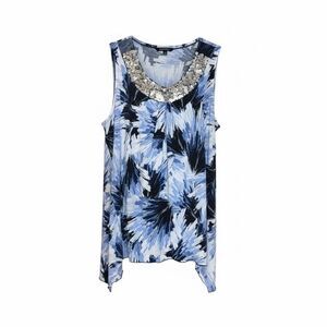Notations Abstract Sleeveless Sequin Embellished Lettuce Hem Tank Blouse Blue 2X